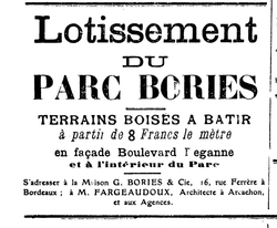 Un encart publicitaire pour le lotissement parc Boris, en face du boulevard Deganne, des terrains boisés à partir de 8 francs, on croit rêver, oui on rêve quand on consulte les annonces du jour