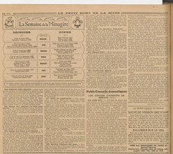 La semaine de la ménagère, toujours une semaine de menus, midi et soir et les recettes économiques et faciles des poireaux sauce piquante, gâteau de pommes de terre sans beurre, potage aux choux et au fromage, filets de maquereaux, bouillon d'oignons aux pâtes, purée de chou-fleur parmentier, oignons farcis et carottes aux oignons et un peu moins léger, les petites conserves de ménage avec les confits d'oie