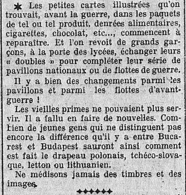 les cartes illustrées dans les paquets d'alimentation, cigarettes...
