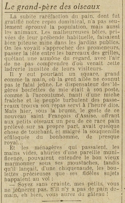 Le grand-père des oiseaux, dégâts collatéraux de la vie chère et de la grève des boulangers, les animaux, mais heureusement il y a un nouveau Saint François d'Assise