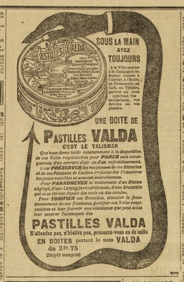 Sous la main ayez toujours... une boîte de pastilles Valda, une publicité de la petite pastille qui a traversée le temps, qui est devenue une expression : "crache-la, ta valda", c'est l'emballage qui a changé