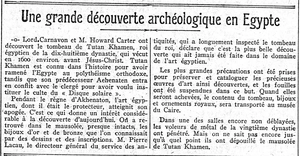 Une grande découverte archéologique en Égypte.....le tombeau de Tutan Khamen, après celui du Tutankhamen d'hier, le Toutânkhamon d'aujourd'hui