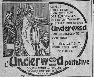Une publicité pour la machine à écrire Underwood avec les rois mages en soutien