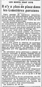 les cimetières parisiens manquent de place, le cimetière de Thiais est prévu... mais