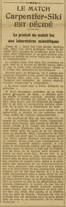 Le match Carpentier-Siki est décidé, le produit ira aux laboratoires scientifiques et qu'en pense L'Écho de Paris ?