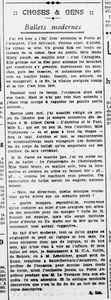 Choses et gens : ballets modernes, suite à la représentation du Festin de l'araignée cf 7 décembre 1922, un nouveau ballet à l'étude, l'autobus et le taxi, les voyageurs écrabouillés, il manque les trottinettes pour parfaire le tableau
