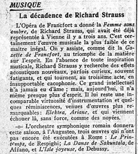 La décadence de Richard Strauss, l'Opéra la Femme sans ombre, une insupportable cacophonie, et le compositeur, un grand intellectuel, sans âme et maintenant sans esprit, mieux compris des années plus tard