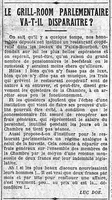 Le Grill-Room parlementaire va-t-il disparaître ? Un restaurant coopératif au Palais Bourbon, pas rentable pour le concessionnaire, alors que la Buvette  Et un plus sur La Buvette de la République où on es bien entre soi