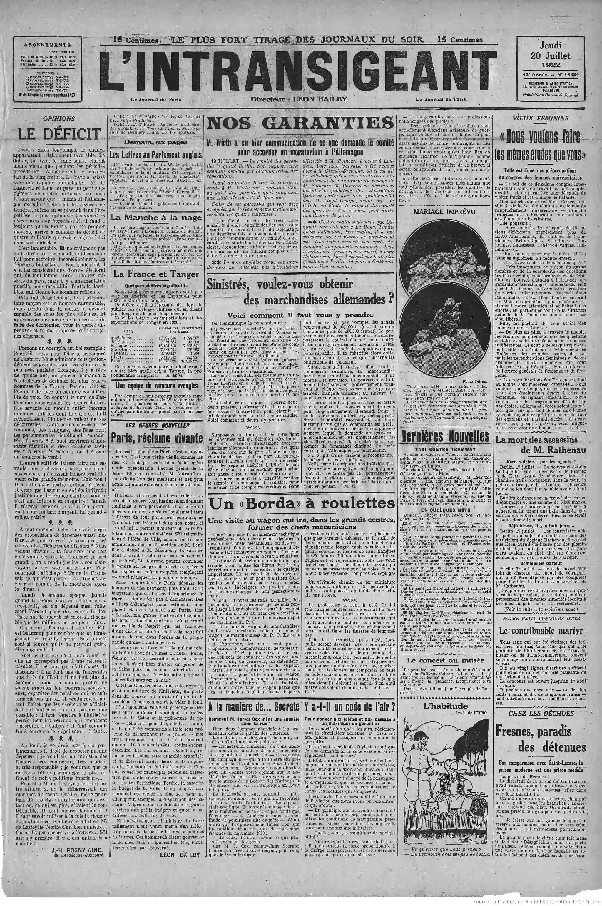 LIntransigeant édition du 20 juillet 1922 la page un borda à roulettes P1