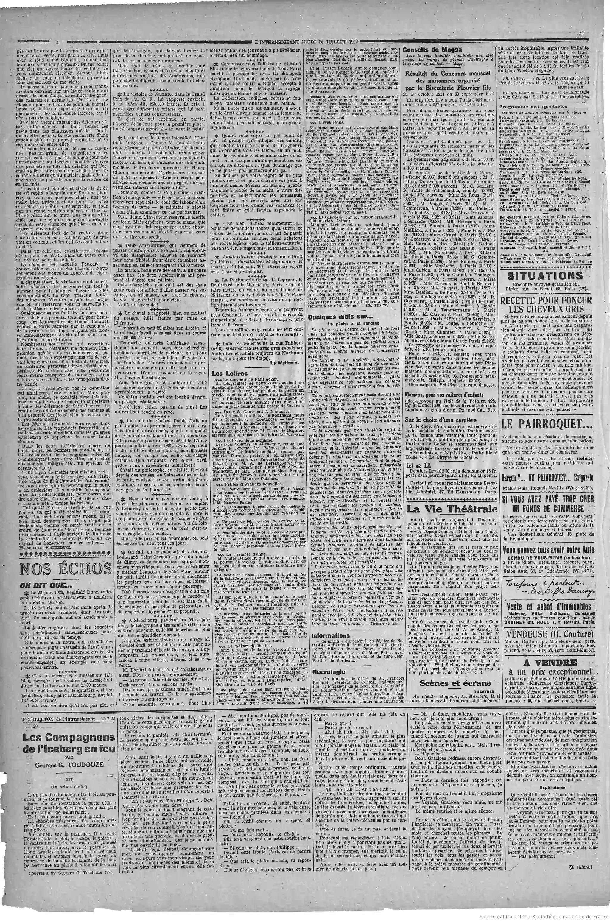 LIntransigeant édition du 20 juillet 1922 page01 les détenues de Fresnes P1