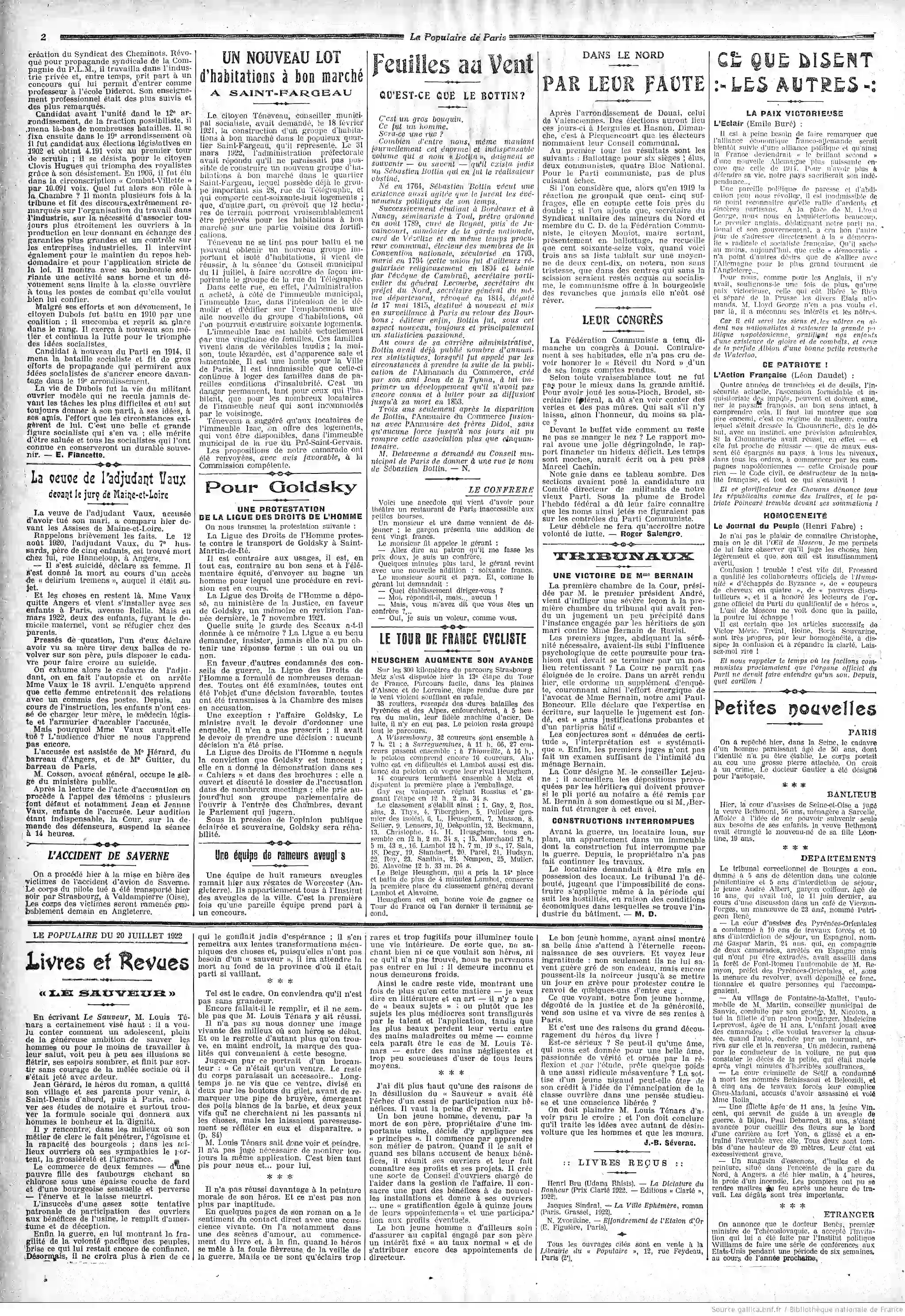 Le Populaire édition du 20 juillet 1922 la page feuilles au vent le bottin 2