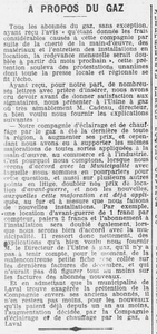 à propos du gaz, des vives protestations des abonnés contre le doublement de la redevance mensuelle et les explications du directeur de l'usine à gaz, ou les explications d'usine à gaz du directeur