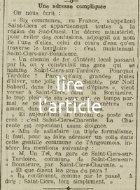 Une adresse compliquée, six Saint-Ciers dans le sud-ouest ? Et maintenant l'un qui s'appelle Saint-Ciers-sur-Bonnieure, mais pourquoi la gare s'y appelle Saint-Ciers-sur-Tardoire et à la poste Saint-Ciers-Charente ?