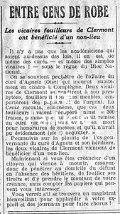Entre gens de robes, les vicaires fouilleurs de Clermont ont bénéficié d'un non-lieu, l'affaire du curé d'Agnetz dans l'Oise, mort dans l'exercice de ses fonctions