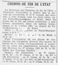 à défaut de recettes, des couchettes : Chemins de fer de l'État : une bonne nouvelle, le service de couchettes du 20 heures 5 Paris-Montparnasse-Brest et le retour du 19 heures 35 en 2 ème et 3 ème classes devient journalier, un temps où le temps n'était compté et finalement un revirement de l'avant vers le passé est en train s'opérer, une sarabande de trains de nuit s'annonce en Europe