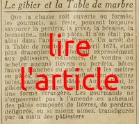 Le gibier et la table de marbre, un arrêt du 17 avril 1674, heureusement plus en vigueur sinon adieu les pâtés de lièvres et autres réjouissances