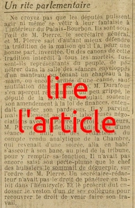 un rite parlementaire ou on ne plaisante pas avec la tenue des députés au Palais-Bourbon, merci Monsieur Pierre, secrétaire général de l'Assemblée, n'est-ce-pas Monsieur Antoine Durafour, on ne porte pas un pardessus, même grippé, mais bon il a des exceptions...or le débat sur la tenue vestimentaire des députés a été encore à la "Une" des journaux il y a quelques mois, comme l'exemple de la tenue des députés polynésiens en juillet de l'année dernière