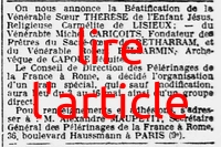 on nous annonce la béatification de la vénérable sœur Thérèse de l'enfant Jésus, religieuse carmélite de Lisieux, de Michel Caricots et de Robert Bellarmin