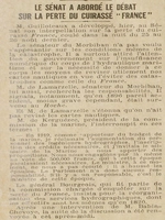 au Sénat débat sur la perte du cuirassé "France" dans le passage de la Teignouse, conclusion le service hydrographique de la marine manque de personnel