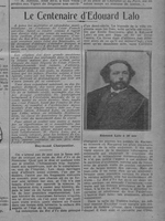 le centenaire de la naissance d'Edouard Lalo, article rédigé par Pierre Lalo, fils de l'artiste