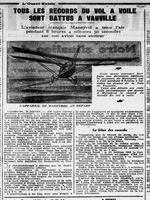 Tous les records du vol à voile sont battus à Vauville dans la Manche, en photo l'appareil Maneyrol au départ et plus de précisions sur les performances de l'aviateur