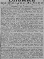 L' homme au masque de toile, tout détenu devra porter désormais masque ou capuche, le nouveau régime pénitentiaire, des " visions du moyen âge " , mais il y a aussi des avancées : le droit de cantiner du vin ou des livres, conserver dans leurs cellules les photographies de leurs familles et faire usage de leurs souliers personnels...3 mois avant leurs libérations