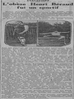 Athlétisme : l'obèse Henri Béraud fut un sportif, on parle du prix Goncourt 1923 ( en fait 1922) et ses 110 kilos, et à titre comparatif une photo de lui à l'âge de 15 ans en action sous les couleurs de l'union sportive du Lycée Ampère à Lyon et à 30 ans sous les couleurs du Football Club de Lyon