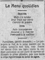 Le menu quotidien avec la recette de pannequets, en fait des crêpes fourrées et roulées