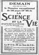 "la Science et la Vie", une publicité pour cette revue qui prendra le nom de Science et vie et qui fêtera ses 110 ans au mois d'avril