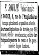 Une petite réclame pour E.Soulié, vétérinaire 1, rue de l'amphithéâtre à Rodez où sont évoqués les accouchements entre autres