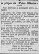 le mort prématuré : "le Palais littéraire", à ce propos un lecteur adresse au journal un courrier qui n'est pas dénué d'humour