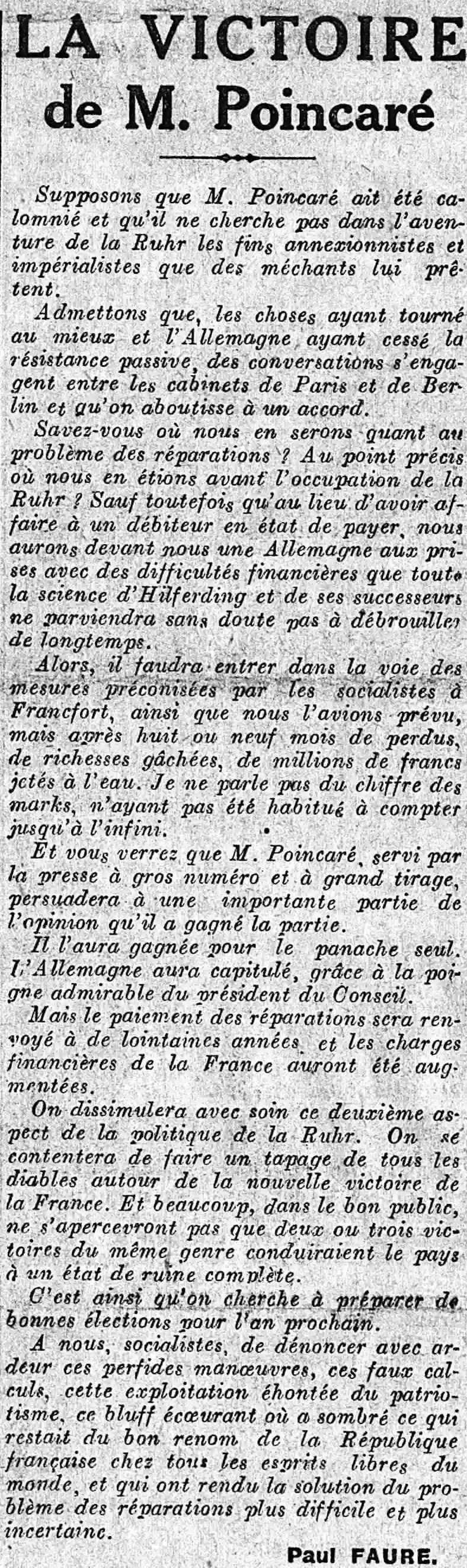 A Le Populaire article 01 victoire de Poincaré 1