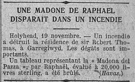 La Madona del Pazza peinte par Raphaël détruite par le feu 1923 11 23