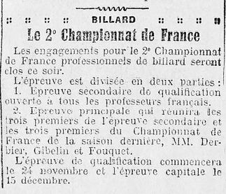 il y a cent ans le 2ème championnat de France de billard