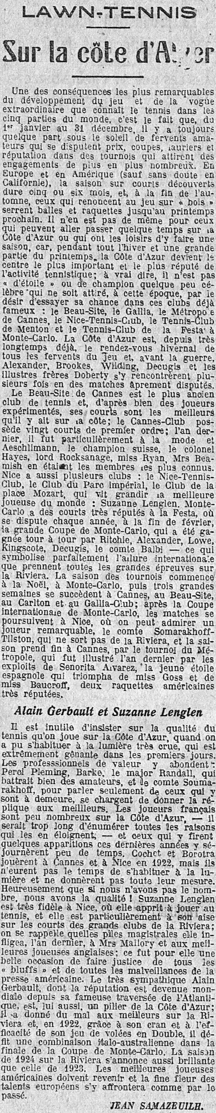 LÉcho de Paris 1923 12 10 tennis Lenglen et Gerbault