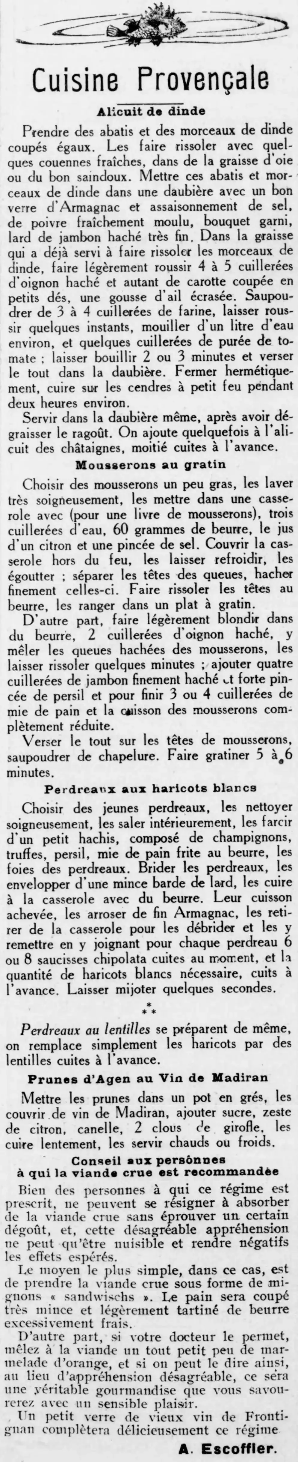 cuisine provençale recettes alicuit de dinde, perdreaux; mousseron