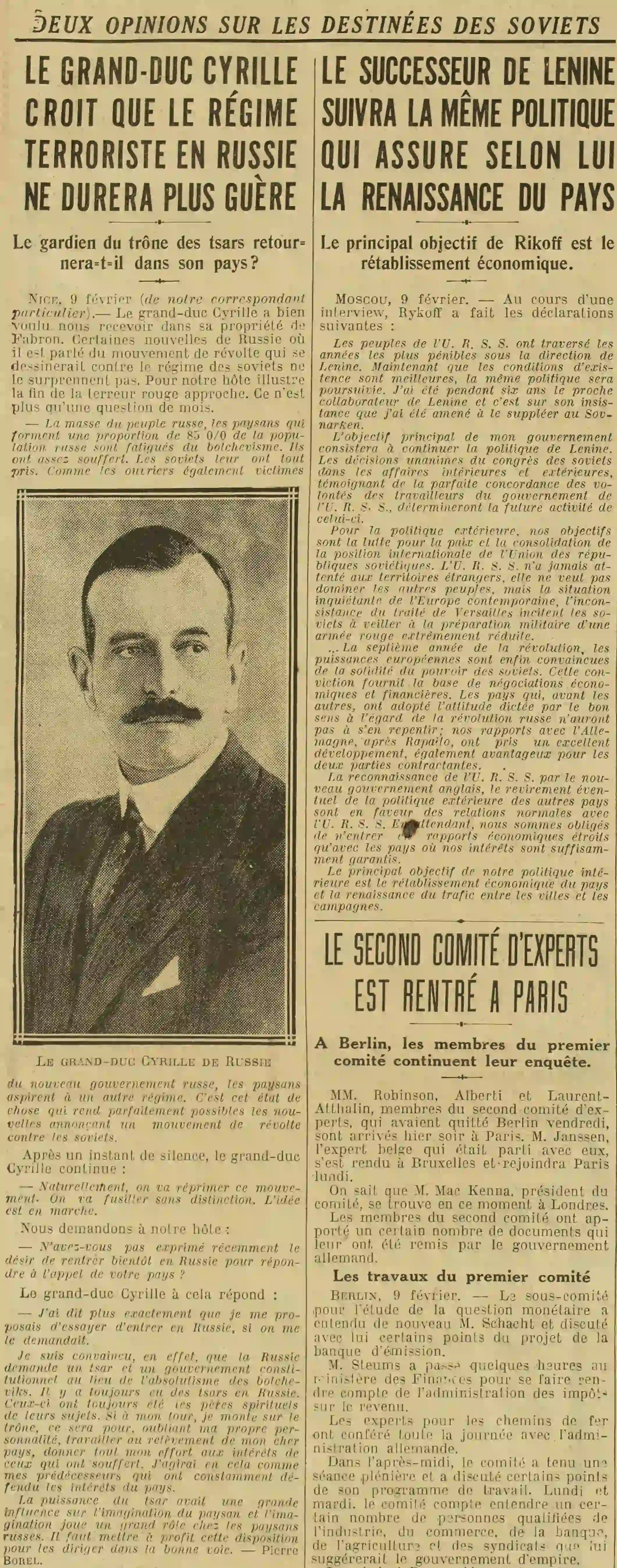 déclarations Grand Duc Cyrille et de Rykoff successeurs de Lénine