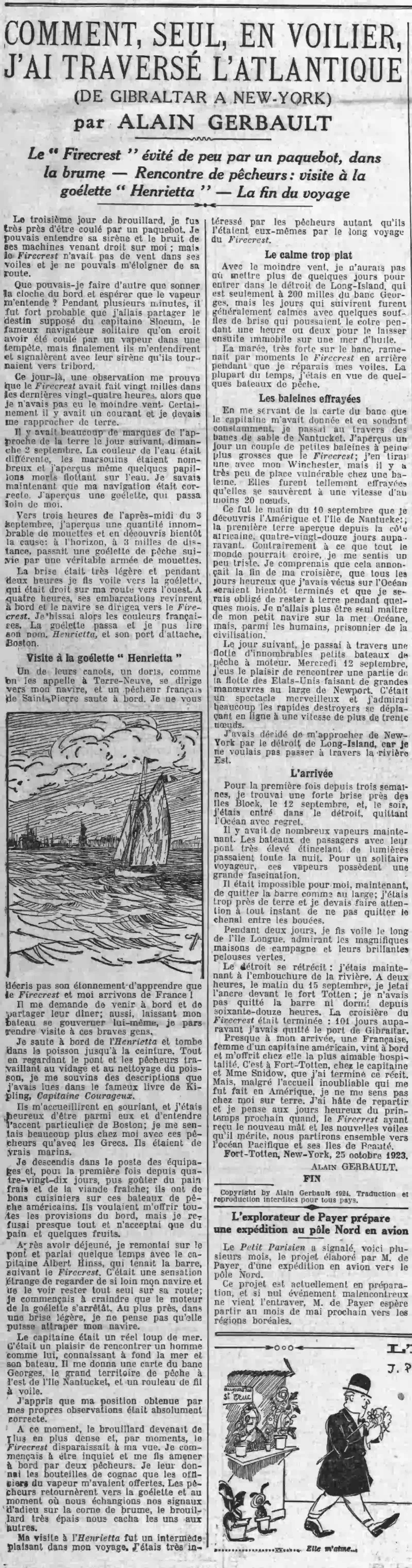 Alain Gerbault traversée de l'Atlantique en solitaire