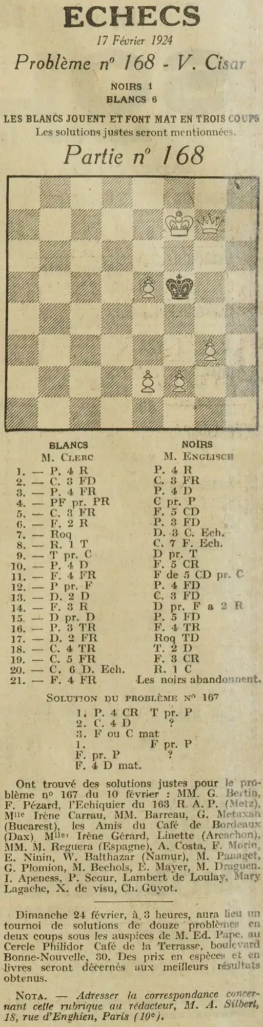 la partie d'échecs 168, le problème 168 et la solution du problème 167