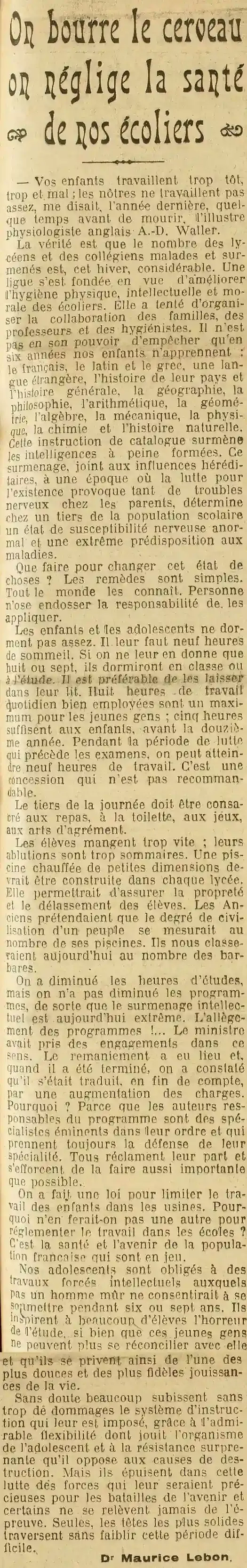 - On néglige la santé des écoliers mais on leur bourre le crâne