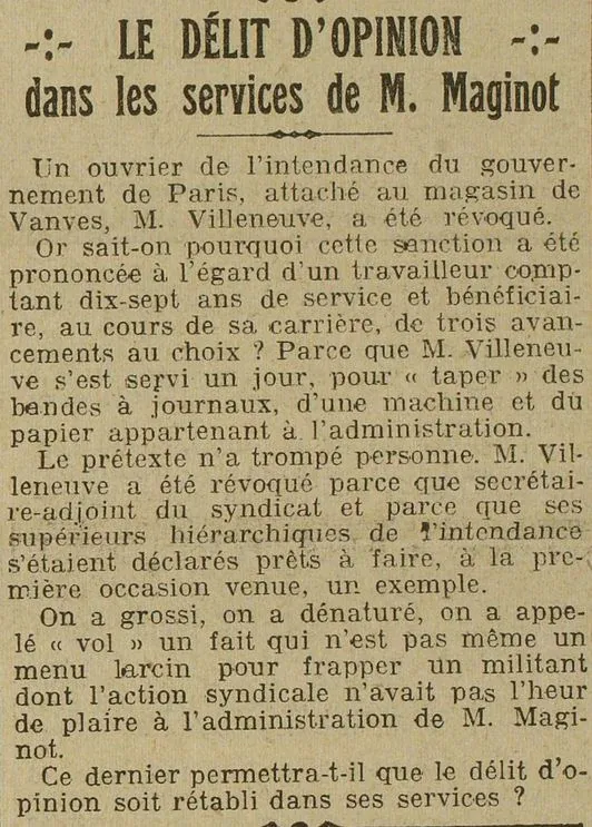 Le délit d'opinion dans les services de M. Maginot