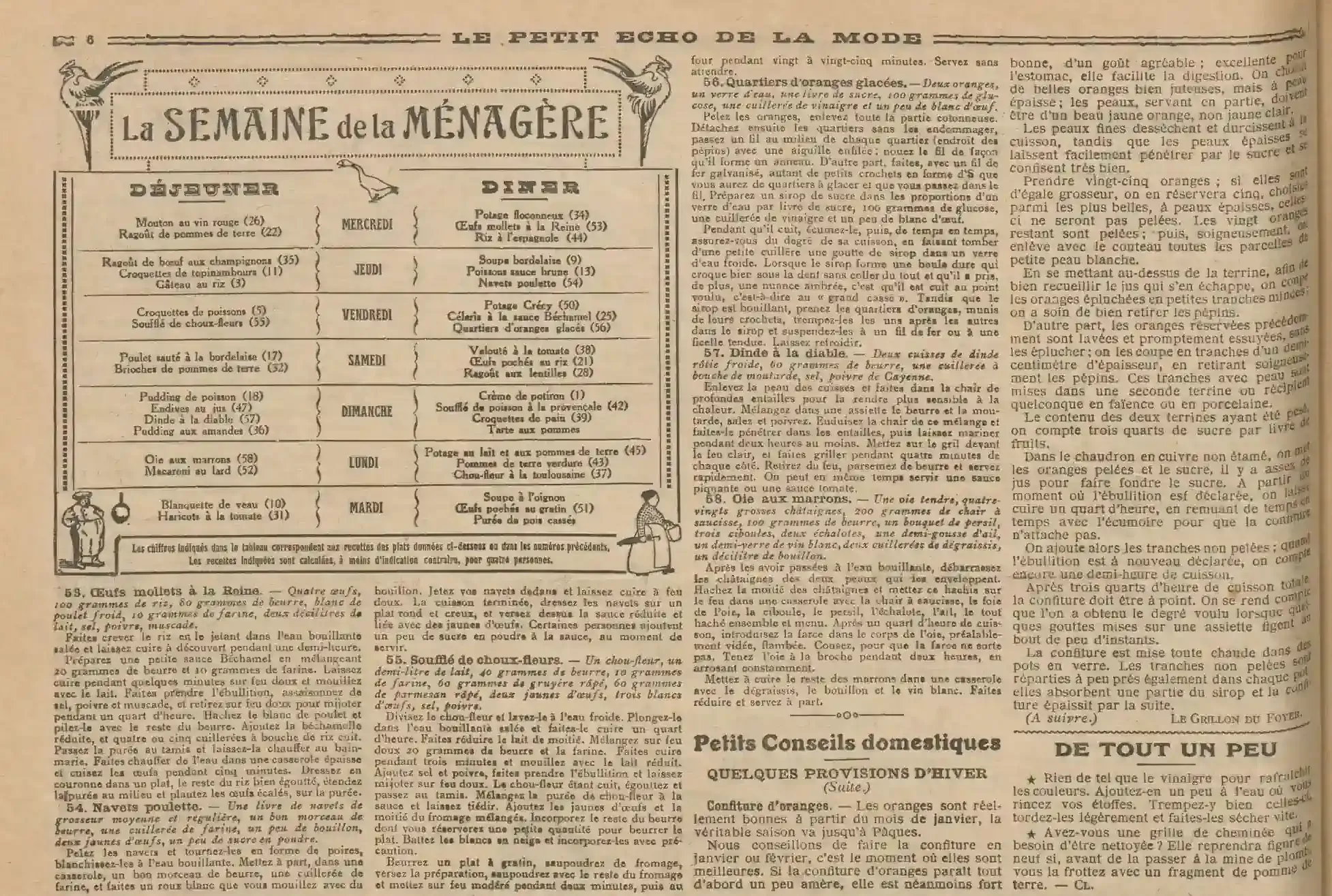 recettes 53 oeufs mollets à la Reine 54 navets poulette, la particularité, c'est la forme à donner aux légumes 55 soufflé de choux-fleurs 56 quartiers d'oranges glacées 57 dinde à la diable ou comment transformer de simple cuisses en un plat à époustoufler n'importe quel roi des barbecues
