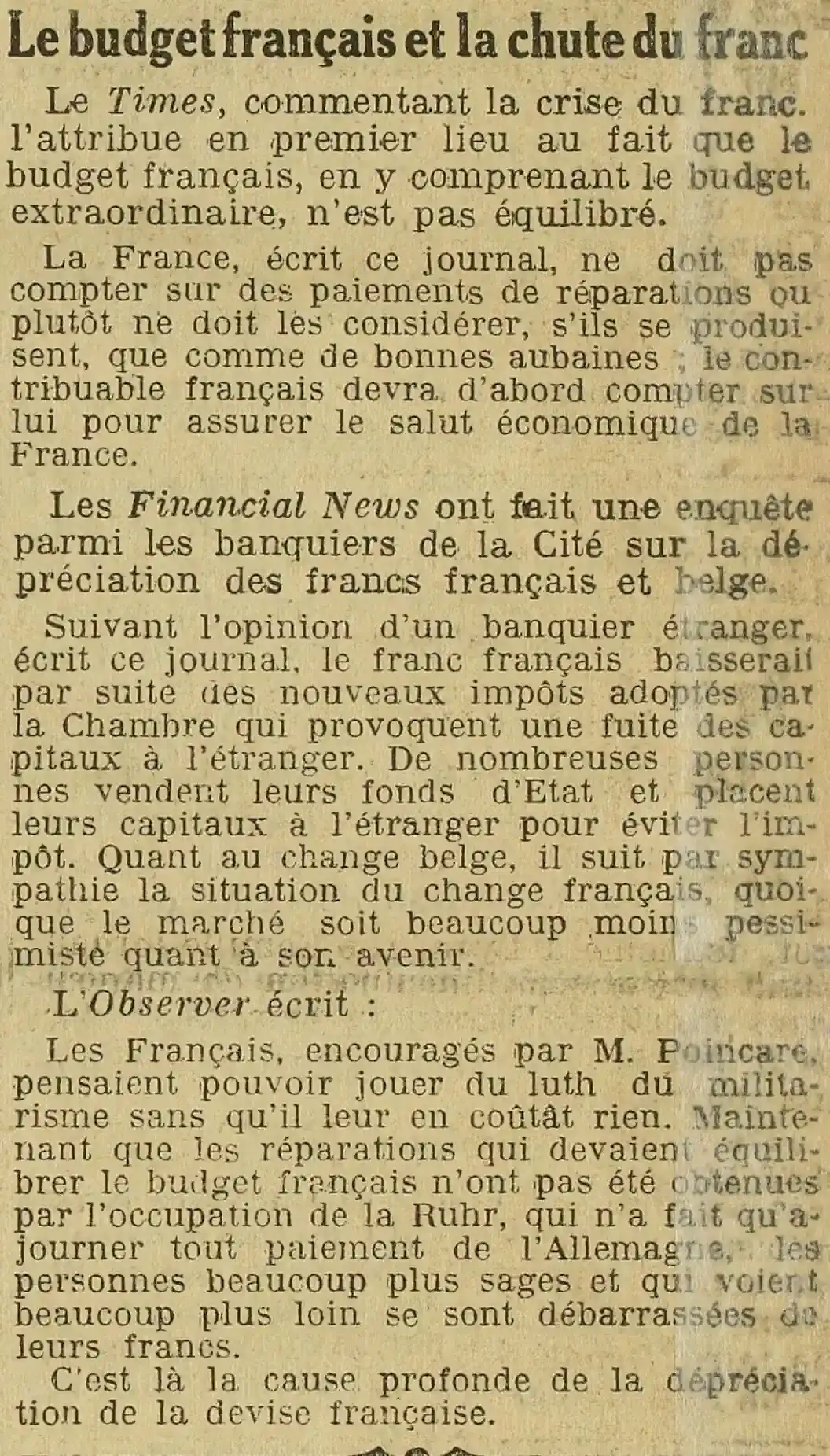 L Oeuvre 1924 02 24 la chute du  franc vue par la presse étrangère