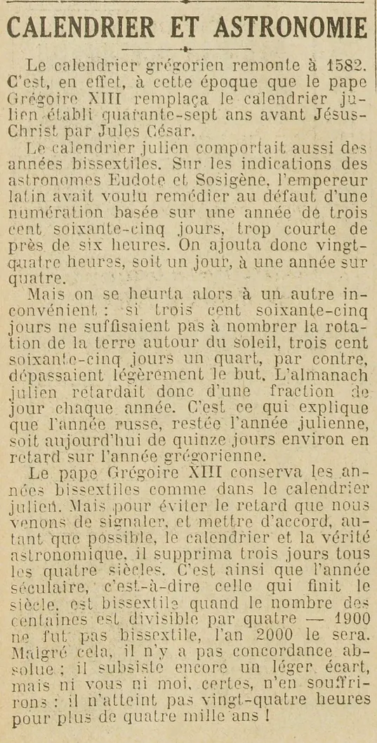 calendrier grégorien et calendrier Julien