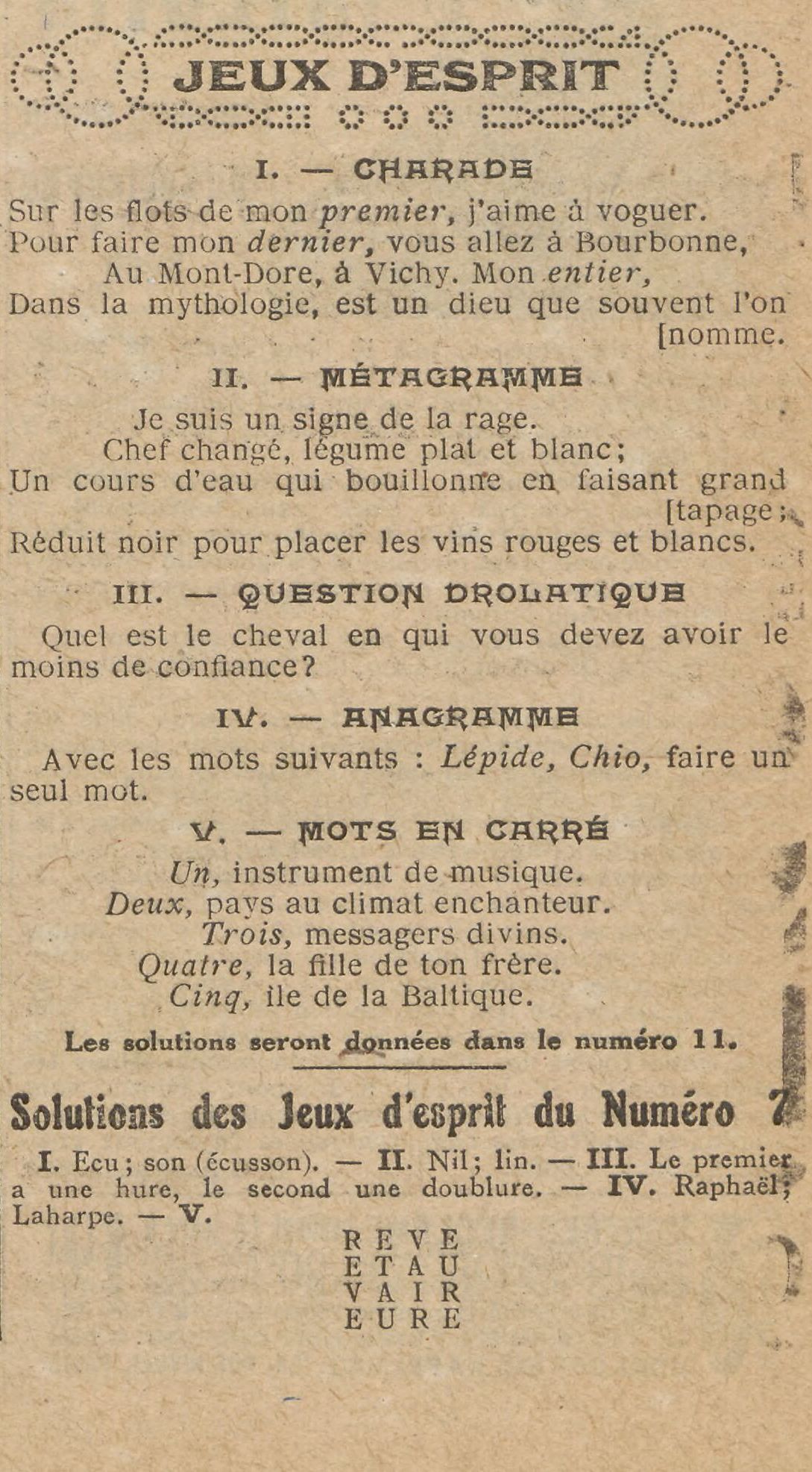 jeux d'esprit, charade mots carré...