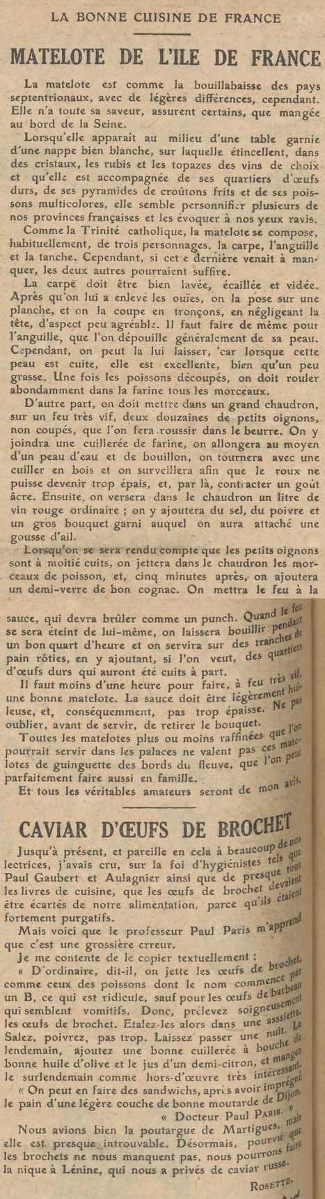 recette de matelote d'Île de France et recette de caviar d'oeufs de brochet