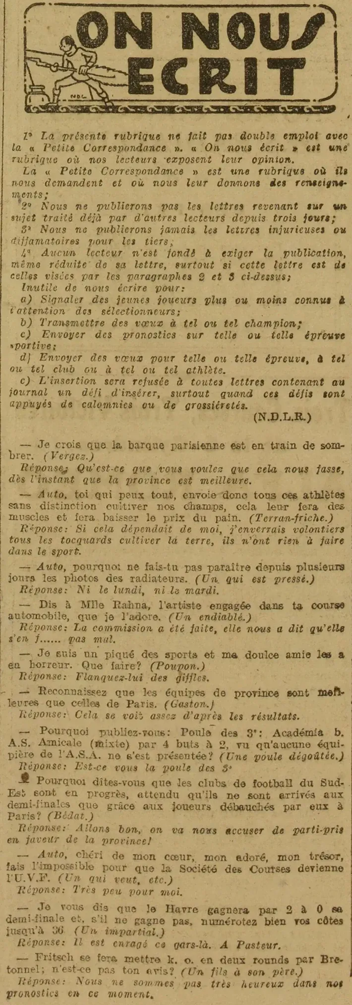 un peu d'humour avec le courrier des lecteurs de l'Auto-vélo,