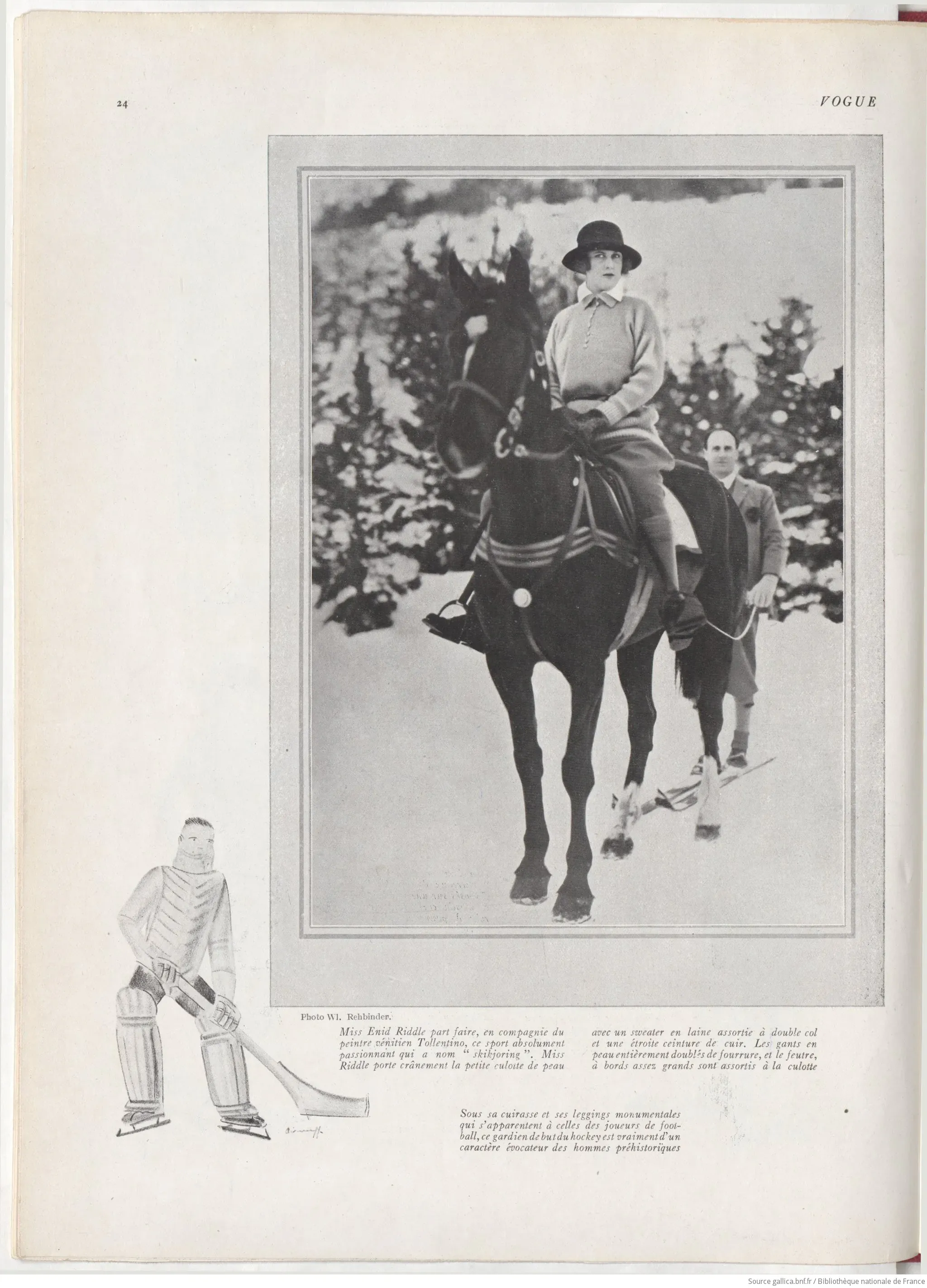 Une photo de Miss Enid Riddle, en compagnie du peintre vénitien Tollentino patriquant le "skijoring".