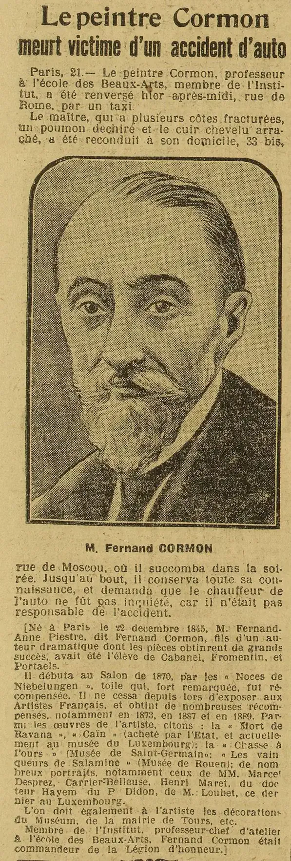 Le peintre Cormon victime d'un accident d'auto