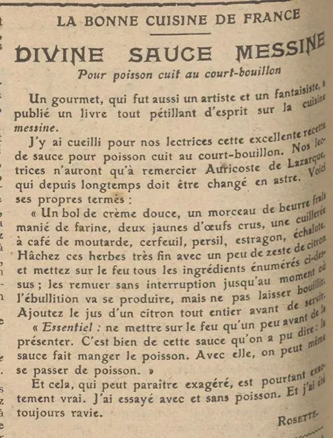 La bonne cuisine de France : divine sauce Messine, pour poisson cuit au court-bouillon